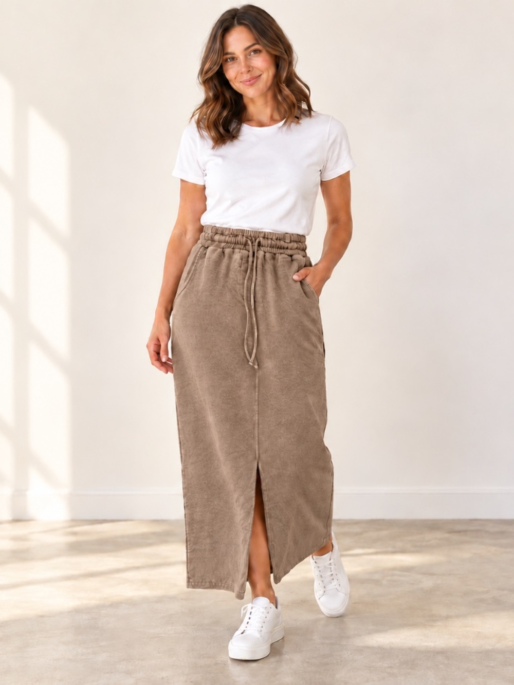 Zenana Ash Mocha Taupe Acid Wash Front Slit Maxi Skirt